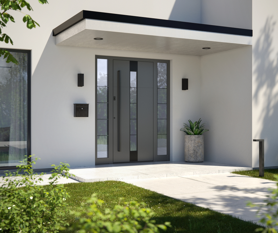 Antracit siva aluminijska ulazna vrata s lijevom i desnom bočnom staklenom površinom.