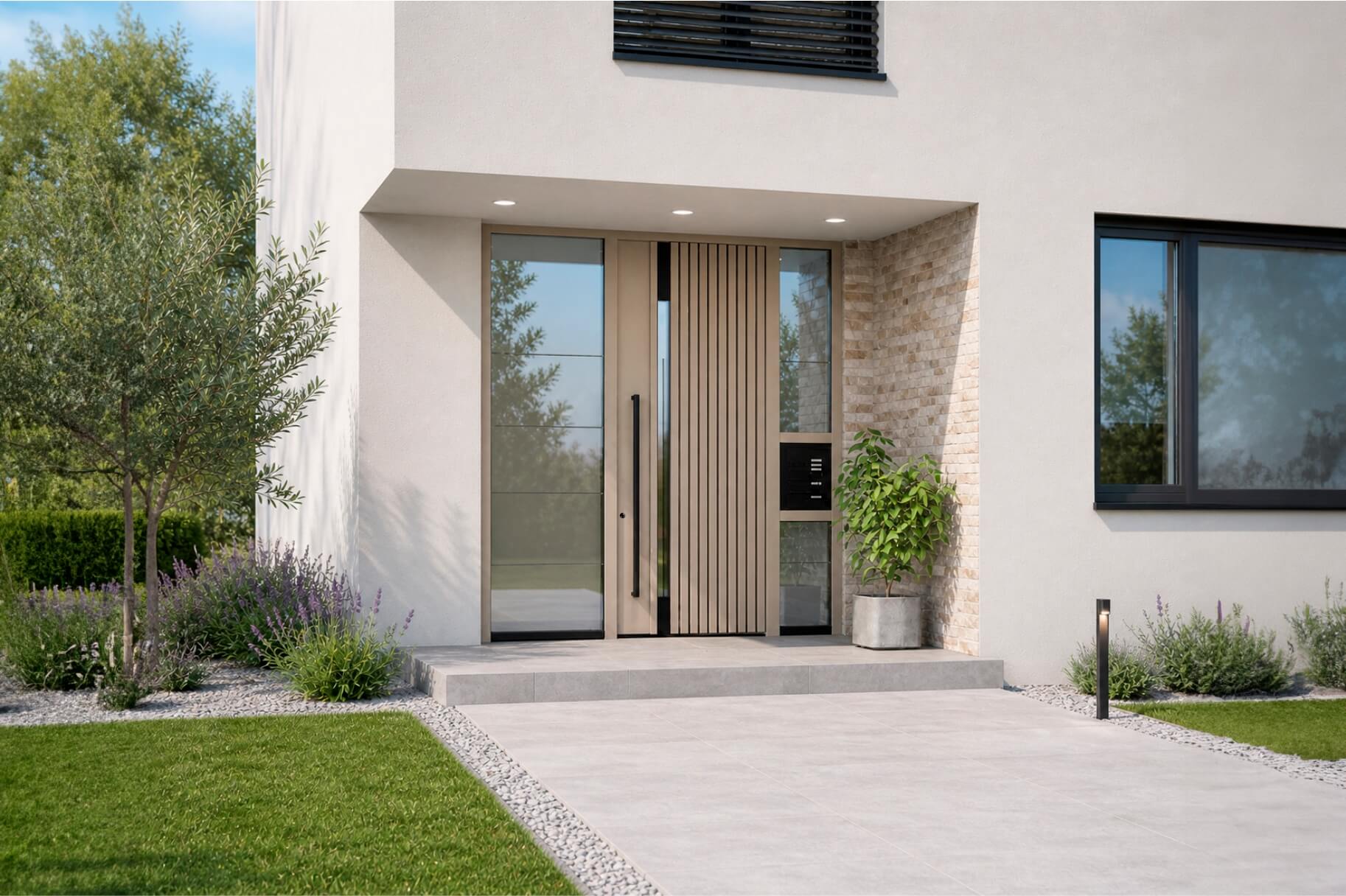 Pogled na moderno stavbo z belimi vrati, obsvetlobami in črnim poštnim nabiralnikom