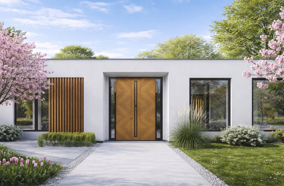 spring render with wooden doors